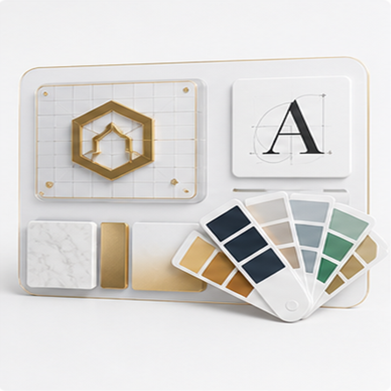 Logo construction, typography and brand colour workspace