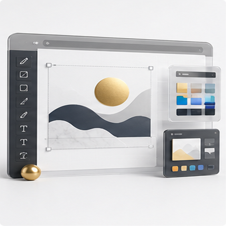 Premium visual design workspace with digital assets