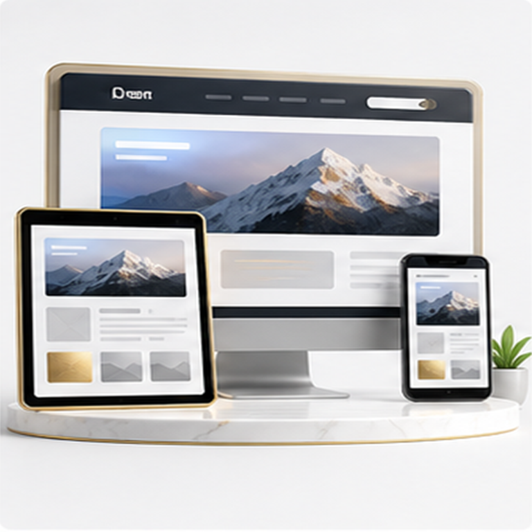 Responsive website interface presented across desktop, tablet and mobile